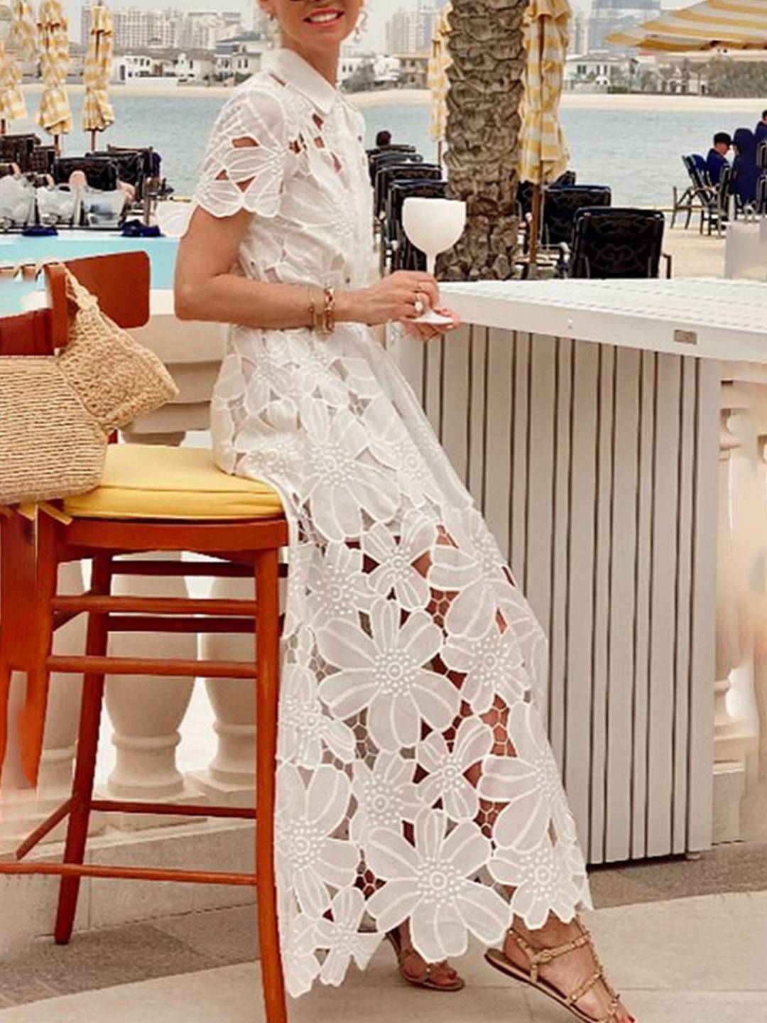 Levoire | Robe Longue En Dentelle À Boutons Ceinturé Col De Chemise À Manches Courtes Pour Femmes Élégant Style Set Détente
