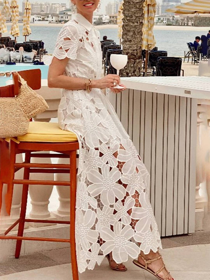 Levoire | Robe Longue En Dentelle À Boutons Ceinturé Col De Chemise À Manches Courtes Pour Femmes Élégant Style Set Détente
