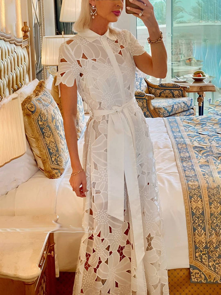 Levoire | Robe Longue En Dentelle À Boutons Ceinturé Col De Chemise À Manches Courtes Pour Femmes Élégant Style Set Détente