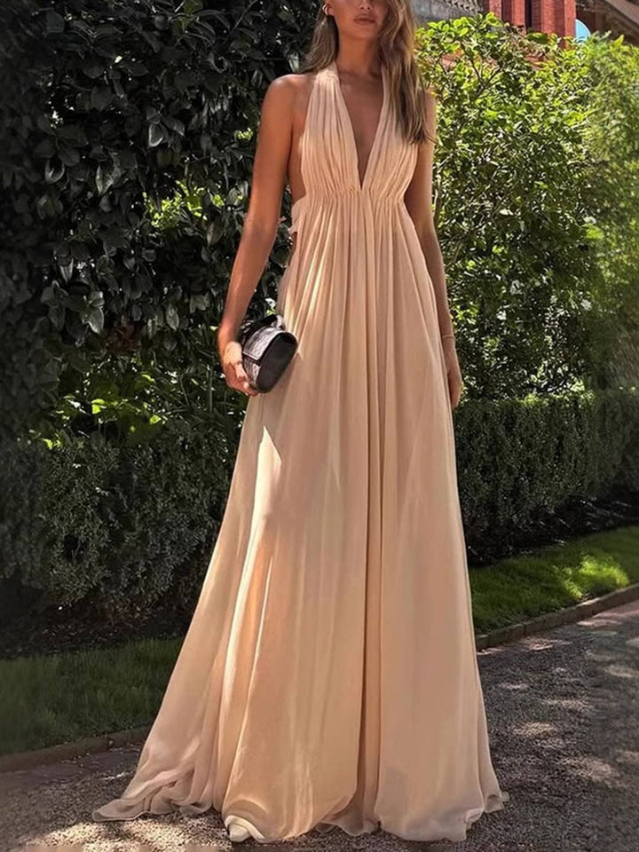 Levoire | Robe Longue Décolleté Dos Col Halter Plongeant Sans Manches Robe De Soirée Élégante Pour Mariage Robe De Plage