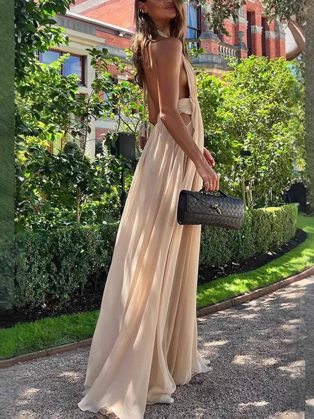 Levoire | Robe Longue Décolleté Dos Col Halter Plongeant Sans Manches Robe De Soirée Élégante Pour Mariage Robe De Plage