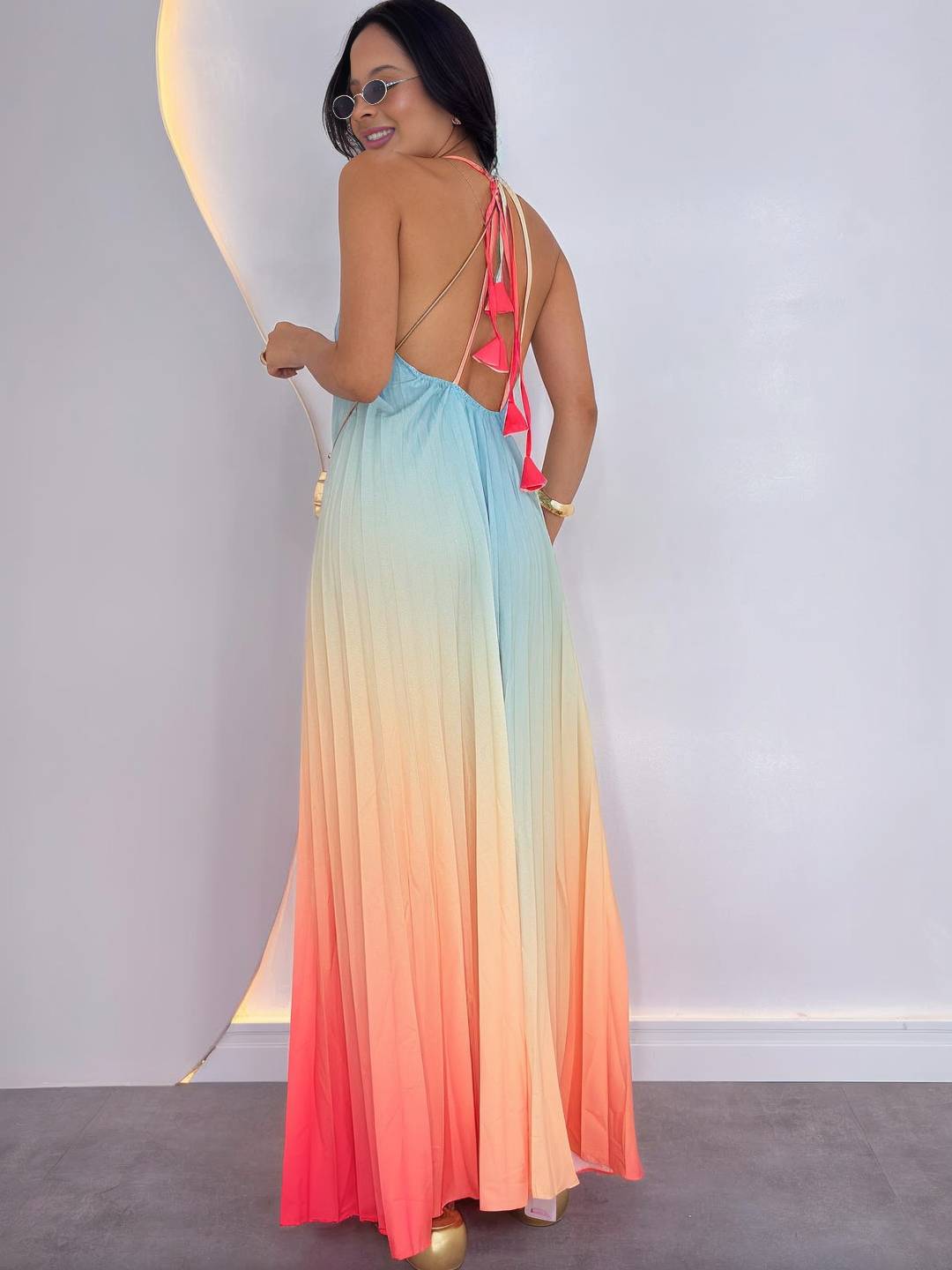 Levoire | Robe Longue Couleur Ombre Dos Nu Sans Manches Décontracté Lâche Large Robe De Plage Vacances