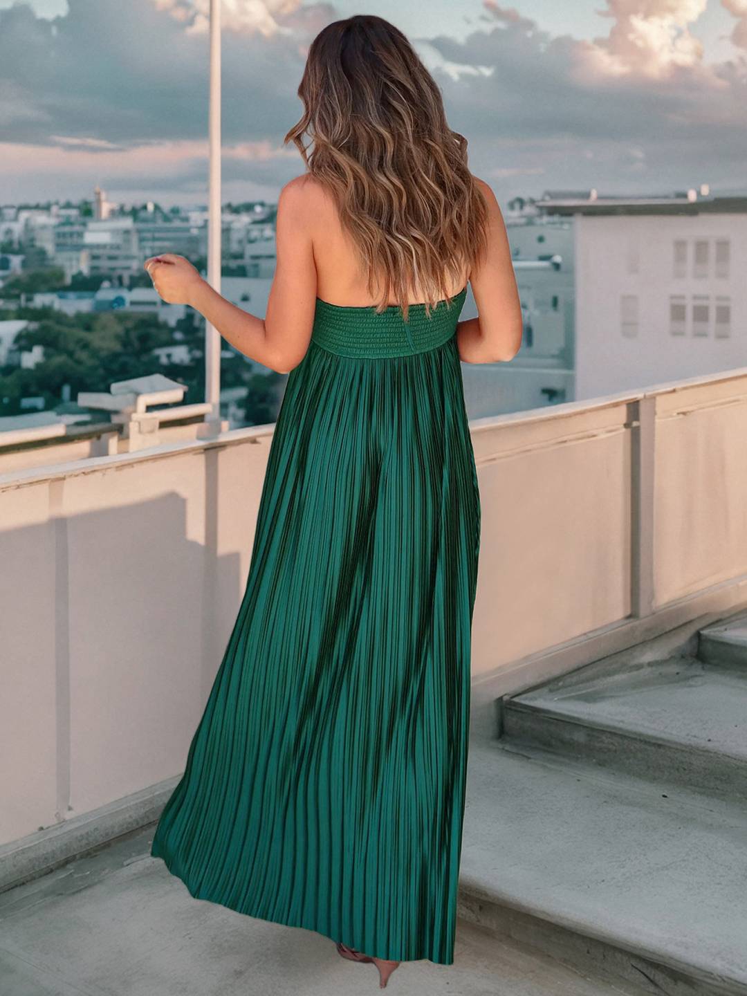Levoire | Robe Trapèze Longue Plissée Bustier Dos Nu Collier Halter Sans Manches Décontractée Élégante De Loisir Robe De Soirée Plage