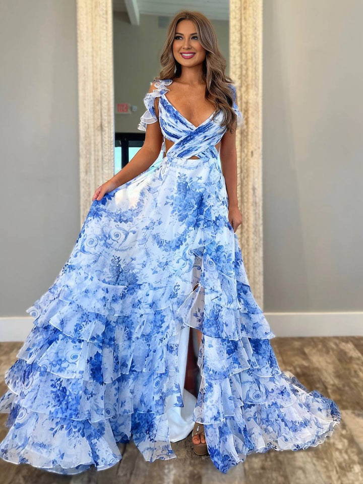 Levoire | Robe Longue En Chiffon Coupe Imprimée Fleur Fente Volants Dos Nu Sans Bretelles Élégante Soirée
