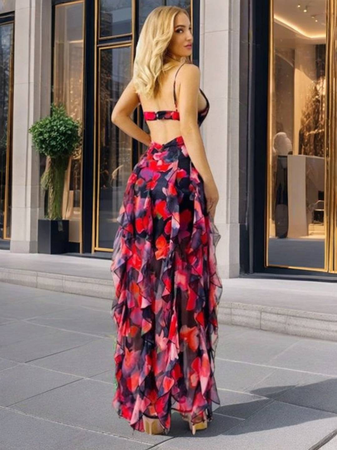 Levoire | Robe Longue En Chiffon Imprimé Avec Fleurs Volants Fre Backup Décolleté En V Sans Manches Dames Décontractée Bal De Fin D'Année Plage