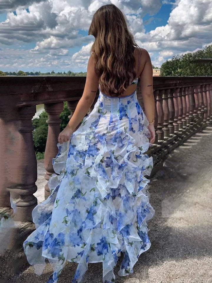 Levoire | Robe Longue En Chiffon Imprimé Avec Fleurs Volants Fre Backup Décolleté En V Sans Manches Dames Décontractée Bal De Fin D'Année Plage