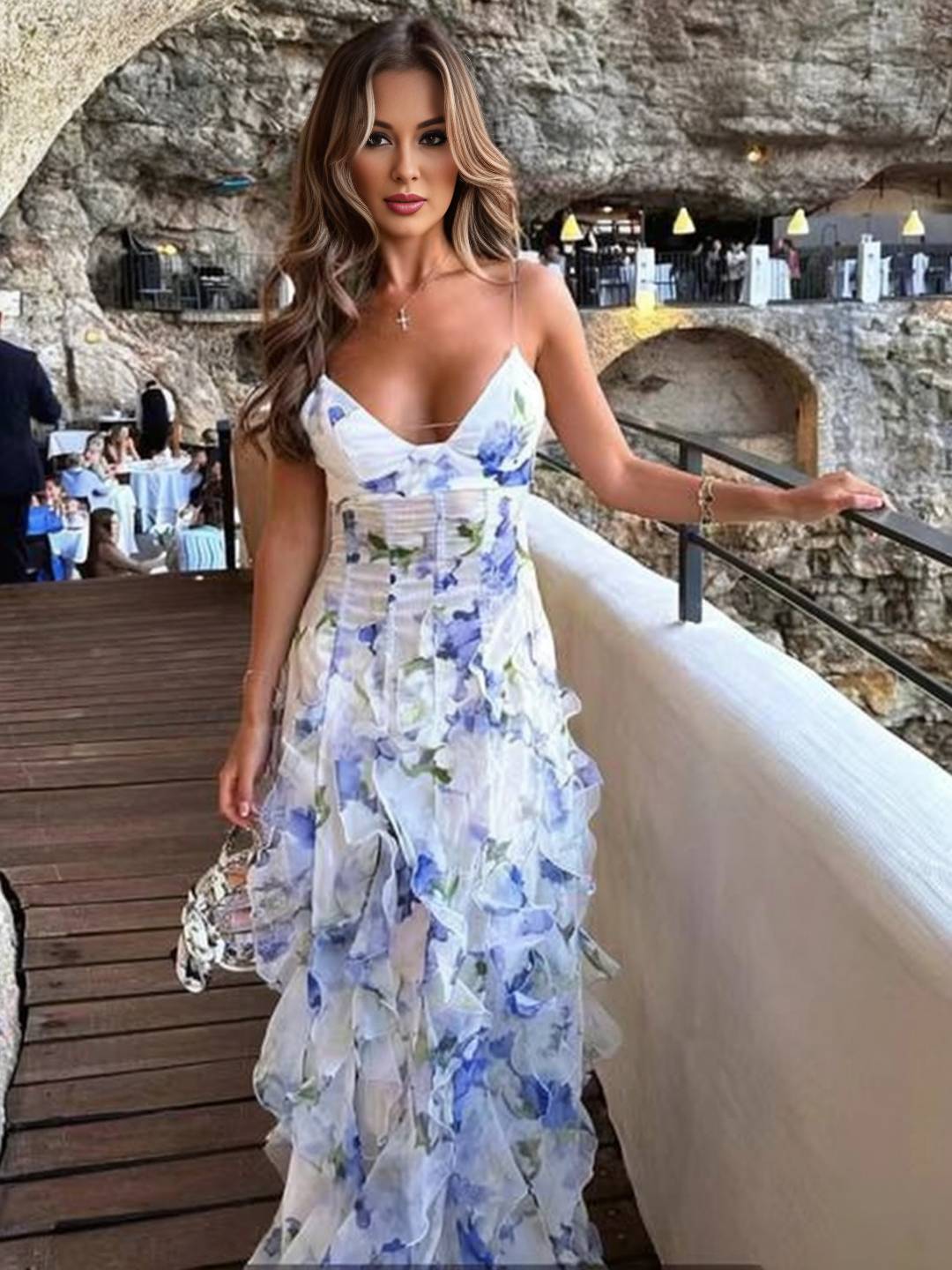 Levoire | Robe Longue En Chiffon Imprimé Avec Fleurs Volants Fre Backup Décolleté En V Sans Manches Dames Décontractée Bal De Fin D'Année Plage