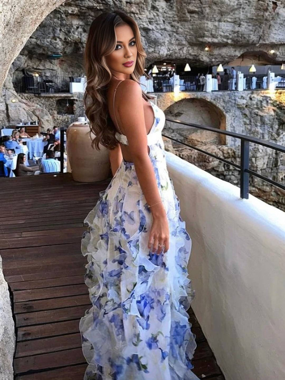 Levoire | Robe Longue En Chiffon Imprimé Avec Fleurs Volants Fre Backup Décolleté En V Sans Manches Dames Décontractée Bal De Fin D'Année Plage