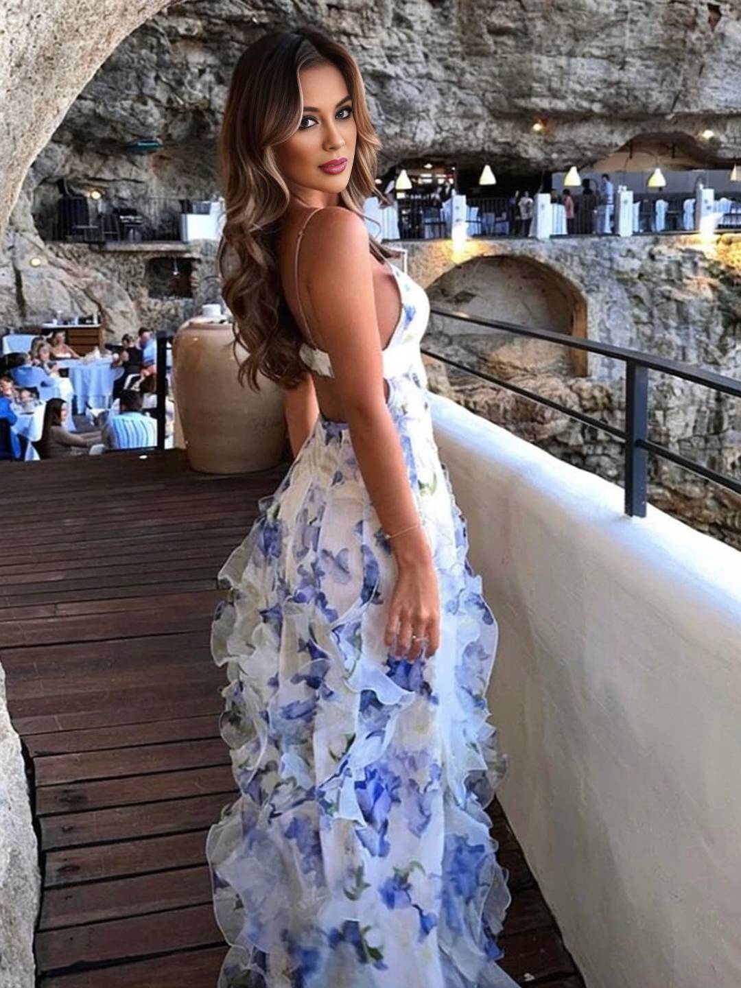 Levoire | Robe Longue En Chiffon Imprimé Avec Fleurs Volants Fre Backup Décolleté En V Sans Manches Dames Décontractée Bal De Fin D'Année Plage