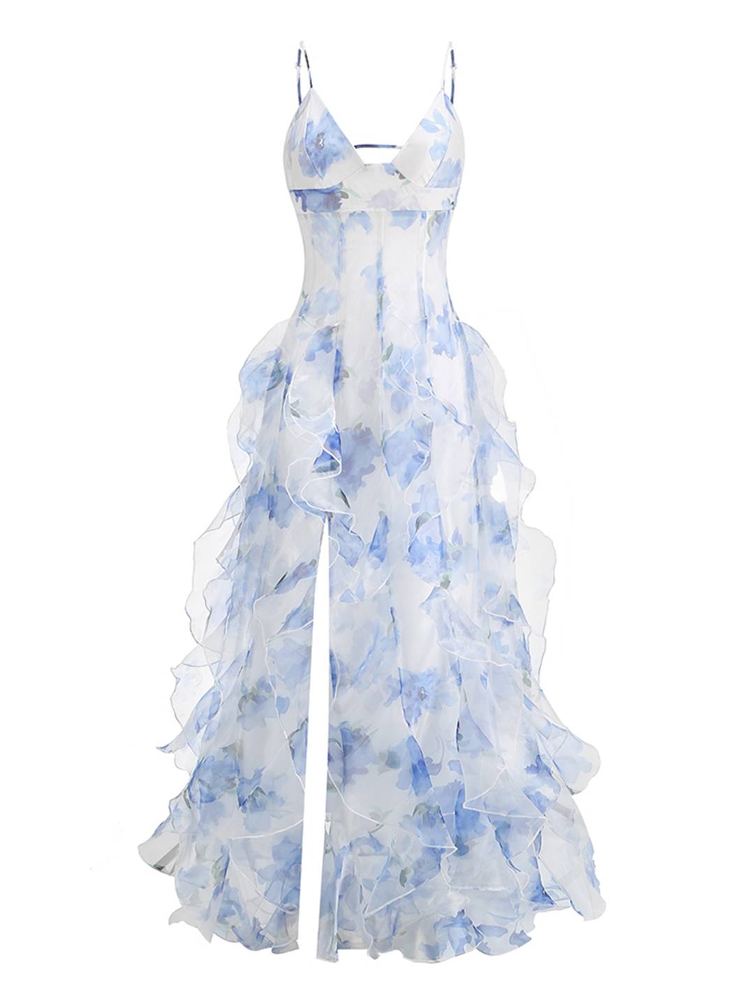 Levoire | Robe Longue En Chiffon Imprimé Avec Fleurs Volants Fre Backup Décolleté En V Sans Manches Dames Décontractée Bal De Fin D'Année Plage