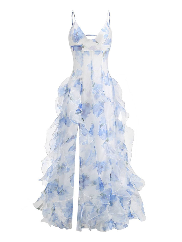 Levoire | Robe Longue En Chiffon Imprimé Avec Fleurs Volants Fre Backup Décolleté En V Sans Manches Dames Décontractée Bal De Fin D'Année Plage