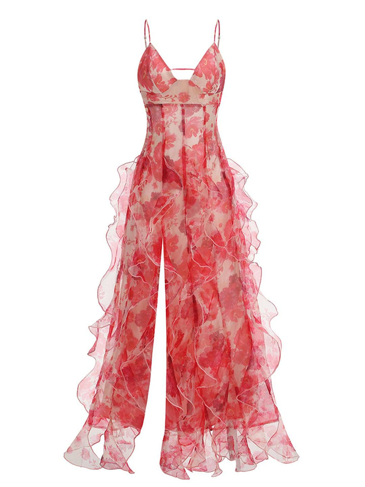 Levoire | Robe Longue En Chiffon Imprimé Avec Fleurs Volants Fre Backup Décolleté En V Sans Manches Dames Décontractée Bal De Fin D'Année Plage