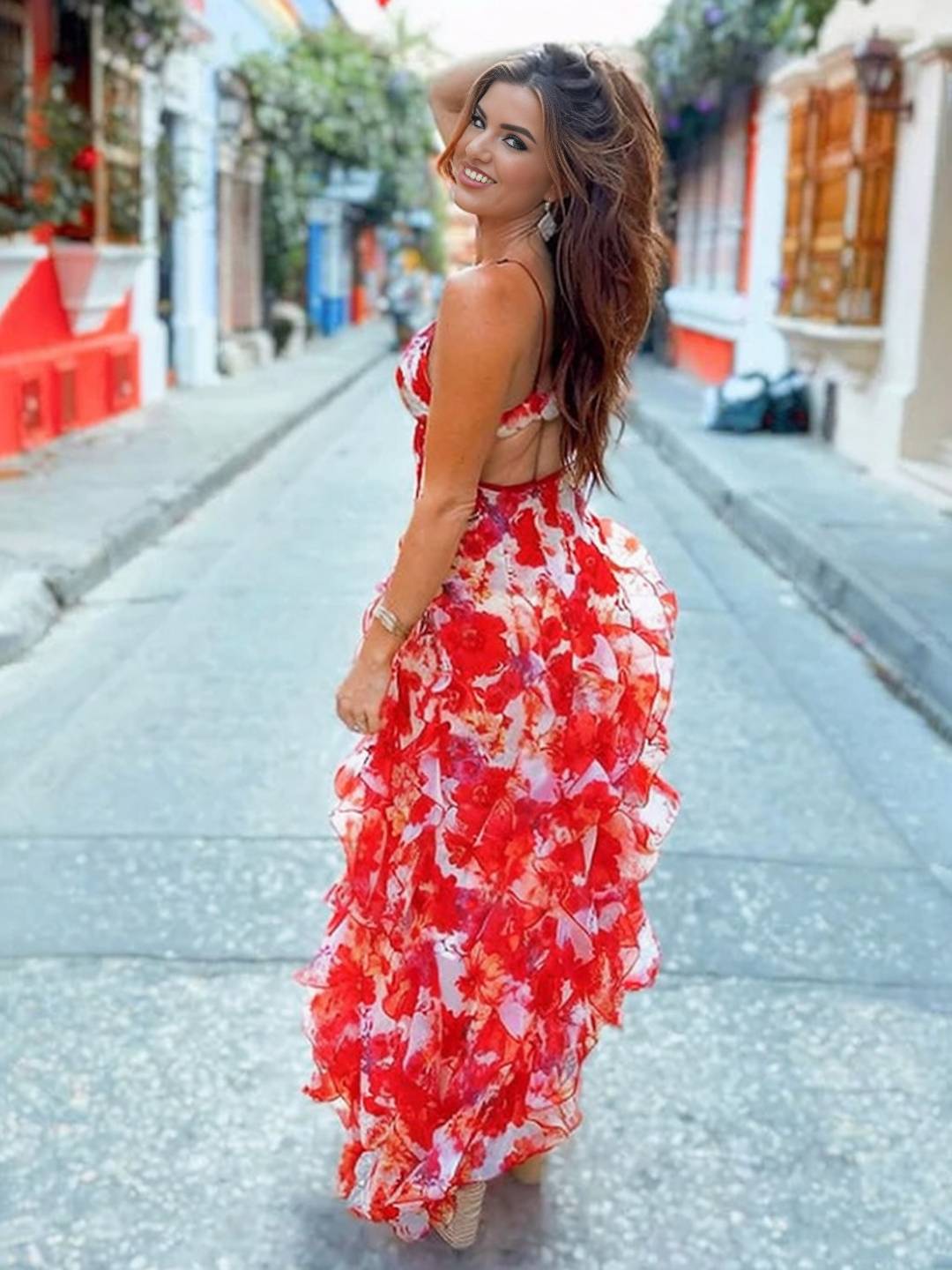 Levoire | Robe Longue En Chiffon Imprimé Avec Fleurs Volants Fre Backup Décolleté En V Sans Manches Dames Décontractée Bal De Fin D'Année Plage