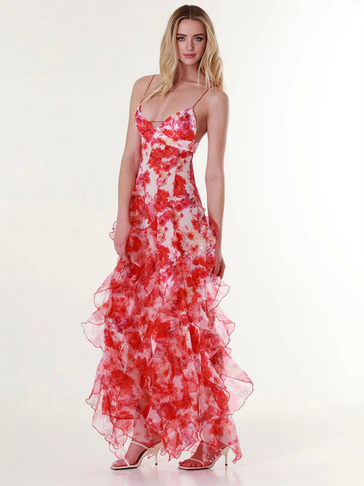 Levoire | Robe Longue En Chiffon Imprimé Avec Fleurs Volants Fre Backup Décolleté En V Sans Manches Dames Décontractée Bal De Fin D'Année Plage