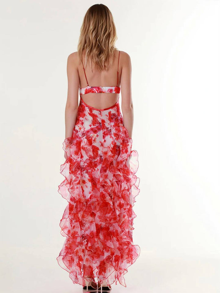 Levoire | Robe Longue En Chiffon Imprimé Avec Fleurs Volants Fre Backup Décolleté En V Sans Manches Dames Décontractée Bal De Fin D'Année Plage