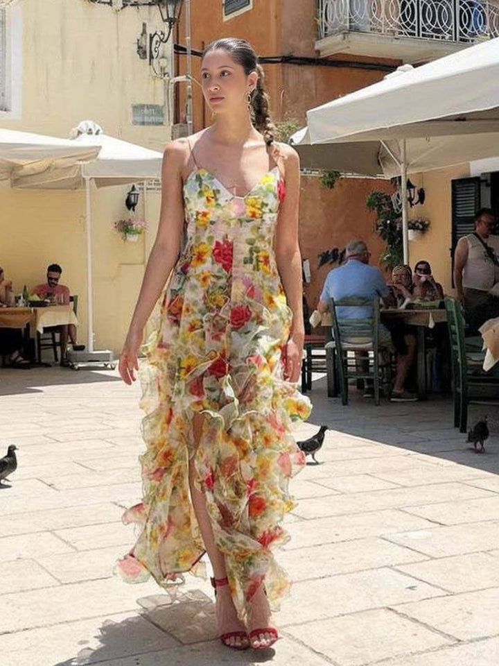 Levoire | Robe Longue En Chiffon Imprimé Avec Fleurs Volants Fre Backup Décolleté En V Sans Manches Dames Décontractée Bal De Fin D'Année Plage
