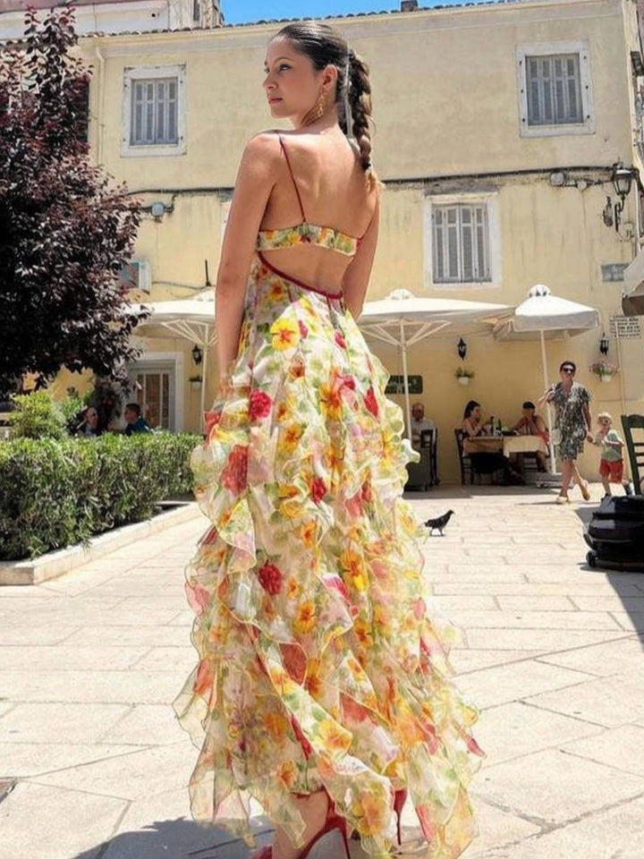 Levoire | Robe Longue En Chiffon Imprimé Avec Fleurs Volants Fre Backup Décolleté En V Sans Manches Dames Décontractée Bal De Fin D'Année Plage