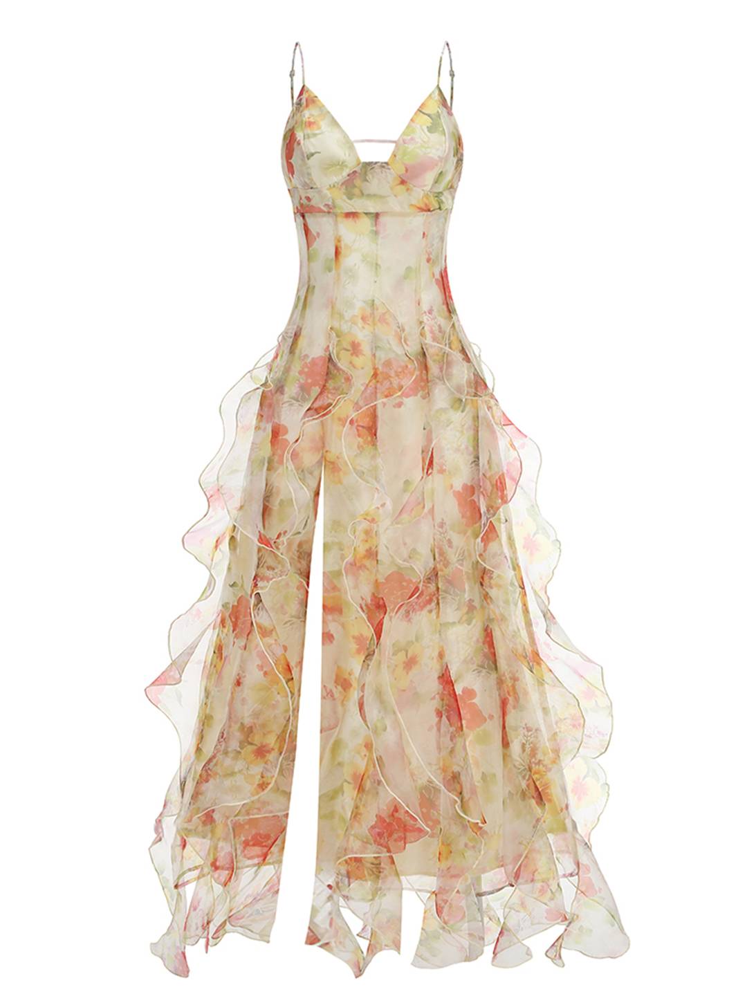 Levoire | Robe Longue En Chiffon Imprimé Avec Fleurs Volants Fre Backup Décolleté En V Sans Manches Dames Décontractée Bal De Fin D'Année Plage