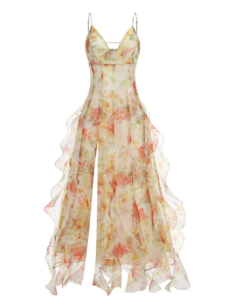 Levoire | Robe Longue En Chiffon Imprimé Avec Fleurs Volants Fre Backup Décolleté En V Sans Manches Dames Décontractée Bal De Fin D'Année Plage