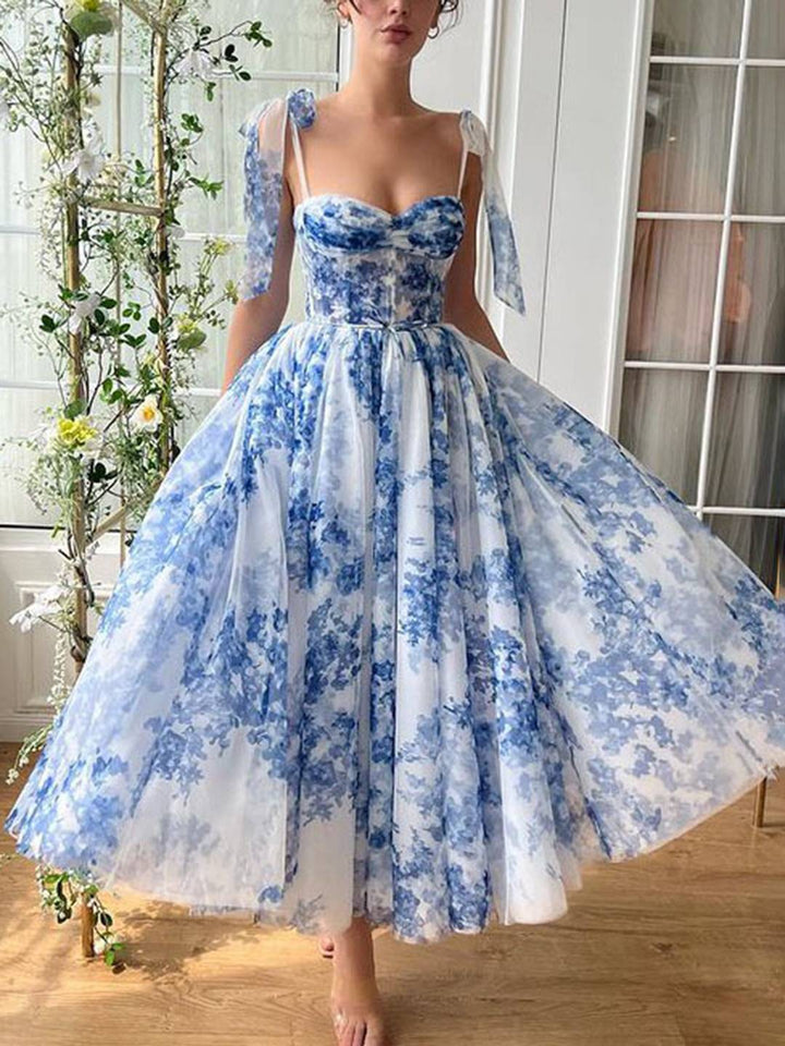 Levoire | Robe Longue Imprimé Floral En Tulle Nœud Dos Nu Sans Manches Élégante Robe De Soirée Bal Cérémonie Bleu pastel