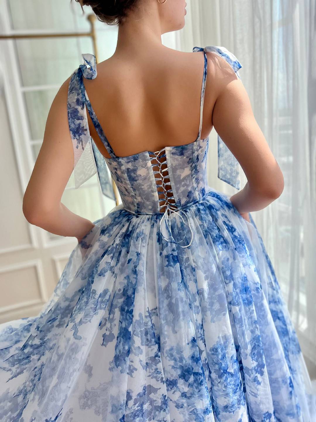Levoire | Robe Longue Imprimé Floral En Tulle Nœud Dos Nu Sans Manches Élégante Robe De Soirée Bal Cérémonie