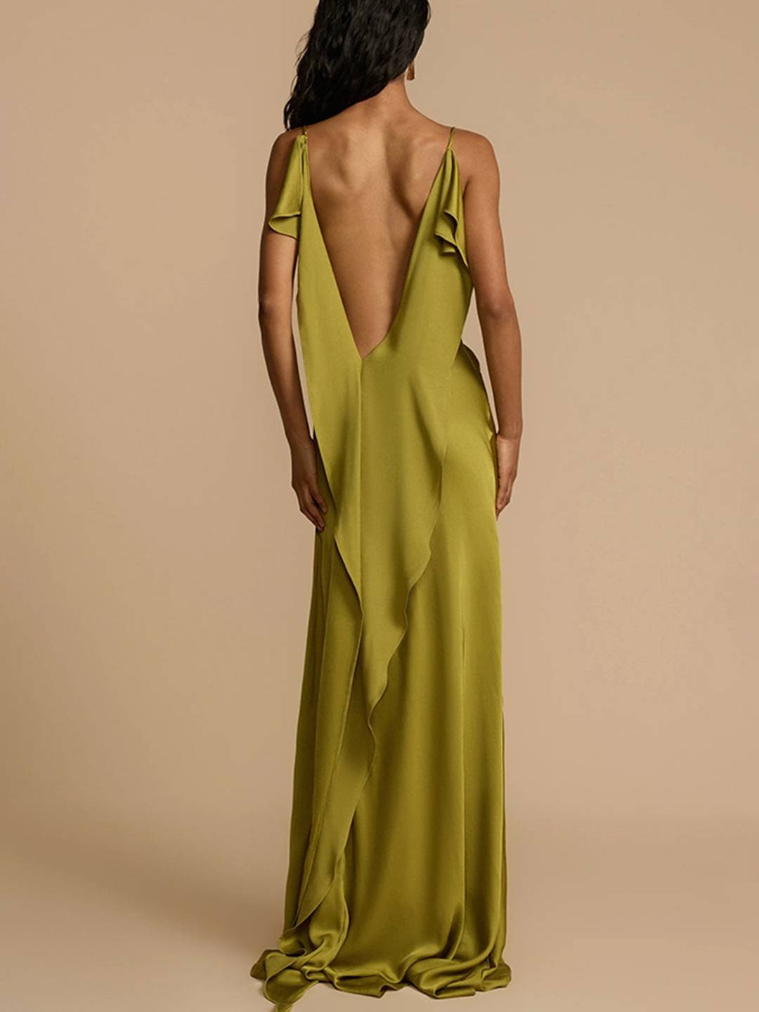 Levoire | Robe Longue Satin V Décolleté Fendu Dos Nu Avec Fines Bretelles Sans Manches Élégante Toute La Promo De Plage Vert Matcha