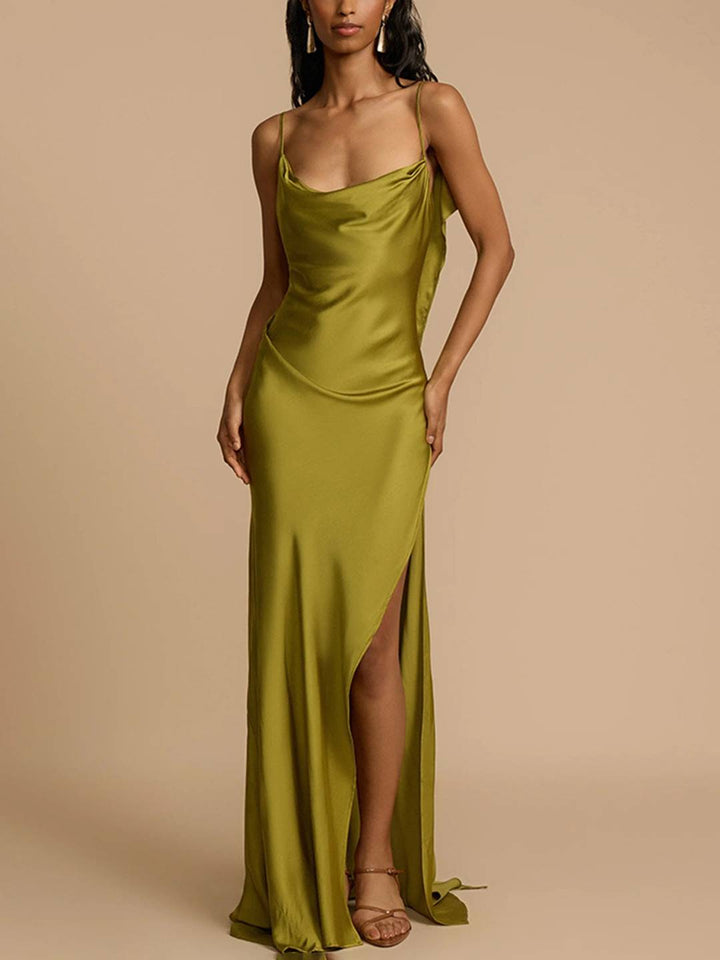 Levoire | Robe Longue Satin V Décolleté Fendu Dos Nu Avec Fines Bretelles Sans Manches Élégante Toute La Promo De Plage Vert Matcha