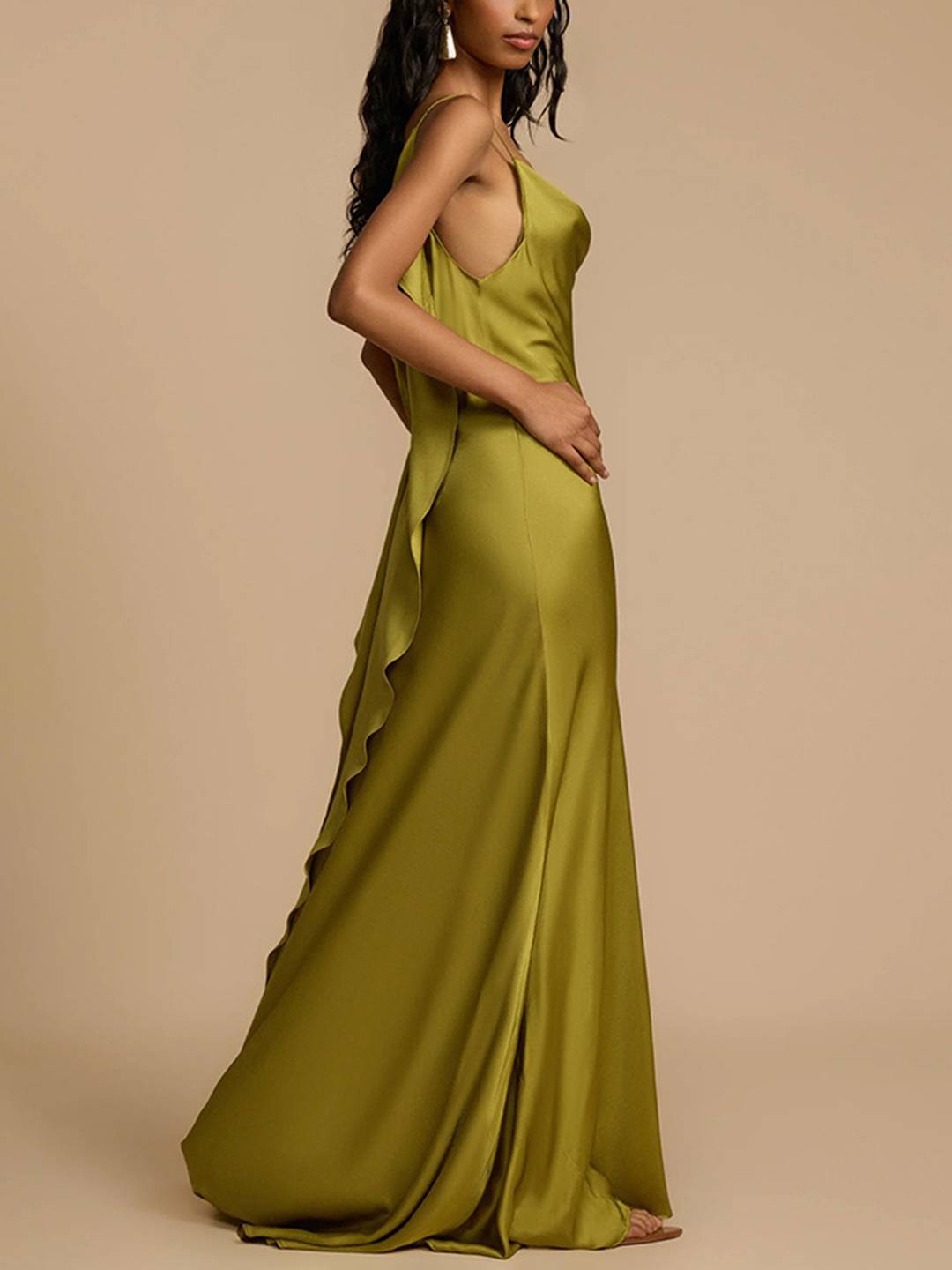 Levoire | Robe Longue Satin V Décolleté Fendu Dos Nu Avec Fines Bretelles Sans Manches Élégante Toute La Promo De Plage Vert Matcha