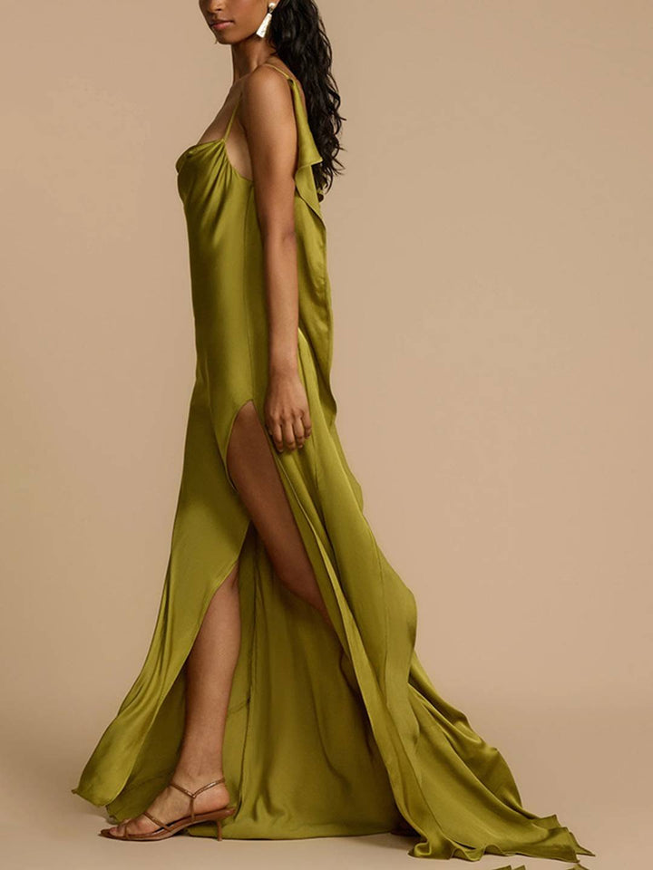 Levoire | Robe Longue Satin V Décolleté Fendu Dos Nu Avec Fines Bretelles Sans Manches Élégante Toute La Promo De Plage Vert Matcha