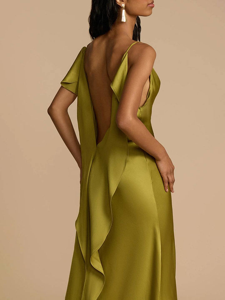 Levoire | Robe Longue Satin V Décolleté Fendu Dos Nu Avec Fines Bretelles Sans Manches Élégante Toute La Promo De Plage Vert Matcha