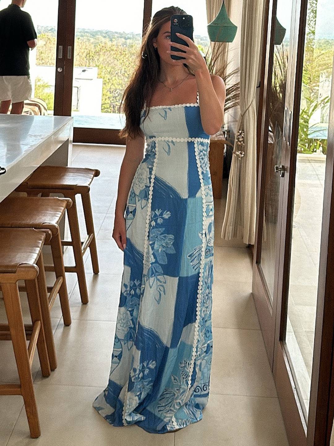 Levoire | Robe Longue Ajustement En Dentelle À Motifs Floraux Décolleté Halter Sans Manches Dame Décontracté Prom Plage Bleu