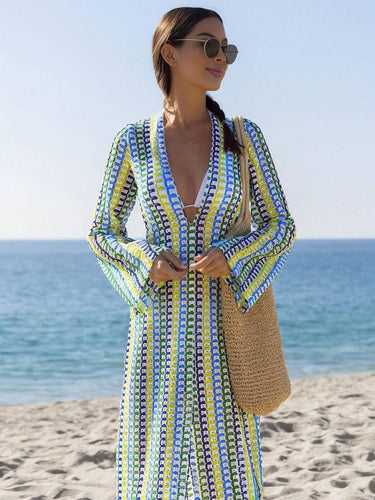 Levoire | Robe Longue En Crochet Avec Décolleté Plongeant Motif Floral Fente Manches Longues Boho Décontracté Plage Pour L'Été