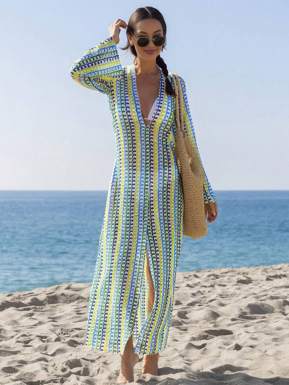 Levoire | Robe Longue En Crochet Avec Décolleté Plongeant Motif Floral Fente Manches Longues Boho Décontracté Plage Pour L'Été