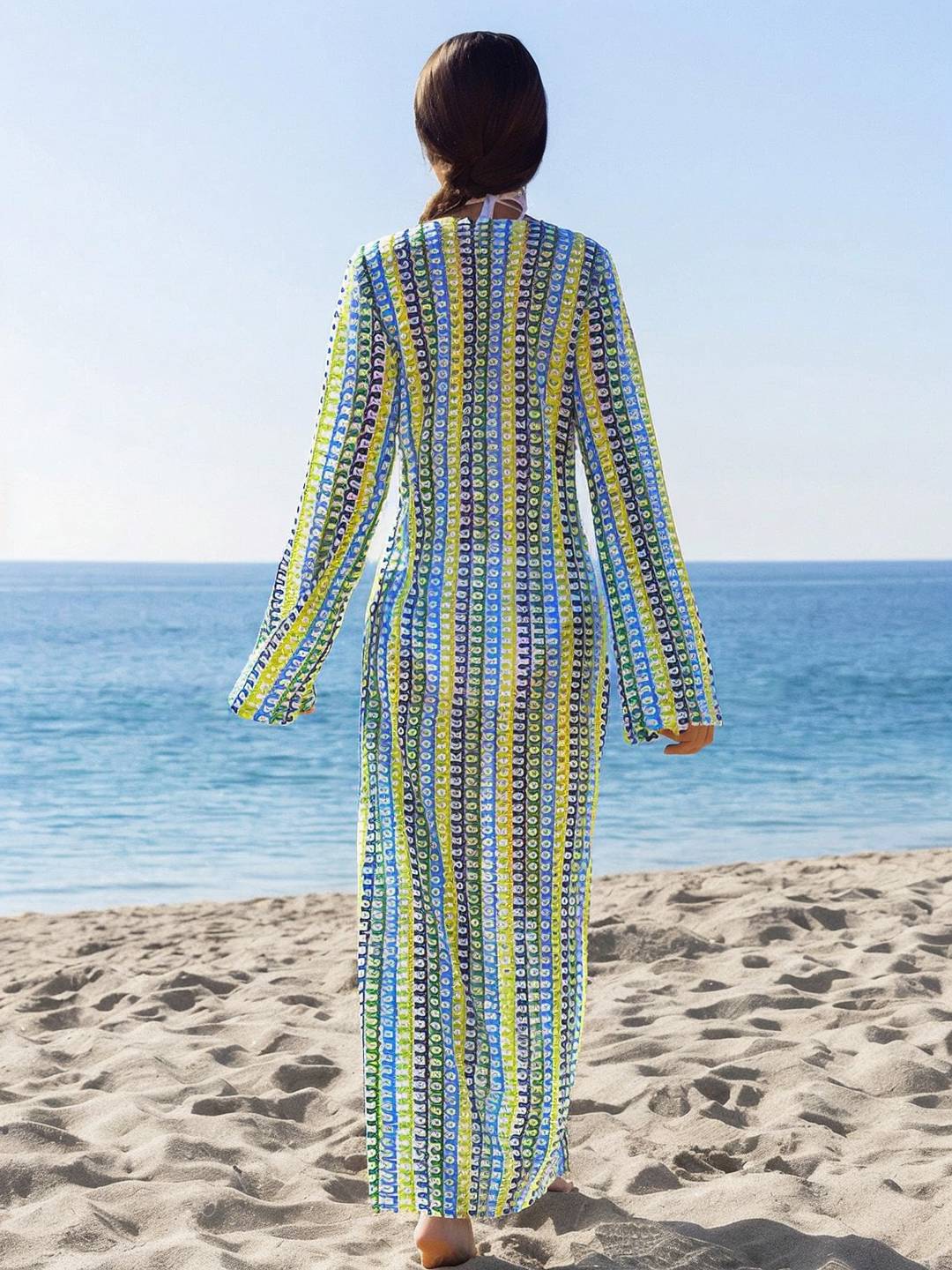 Levoire | Robe Longue En Crochet Avec Décolleté Plongeant Motif Floral Fente Manches Longues Boho Décontracté Plage Pour L'Été