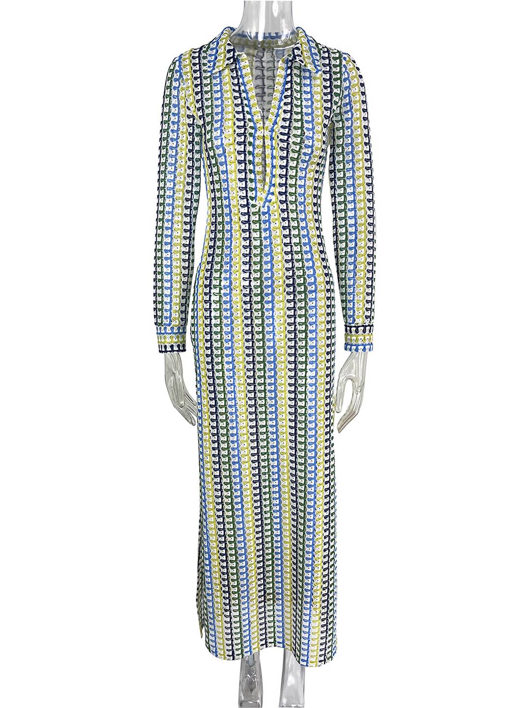 Levoire | Robe Longue En Crochet Avec Décolleté Plongeant Motif Floral Fente Manches Longues Boho Décontracté Plage Pour L'Été