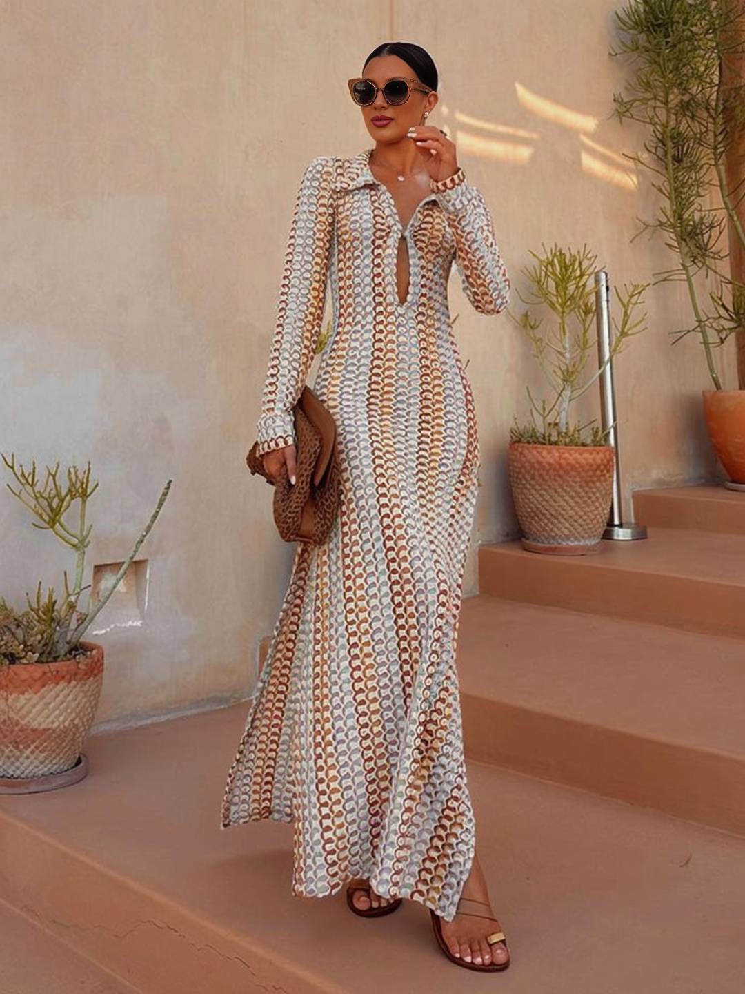 Levoire | Robe Longue En Crochet Avec Décolleté Plongeant Motif Floral Fente Manches Longues Boho Décontracté Plage Pour L'Été Braun