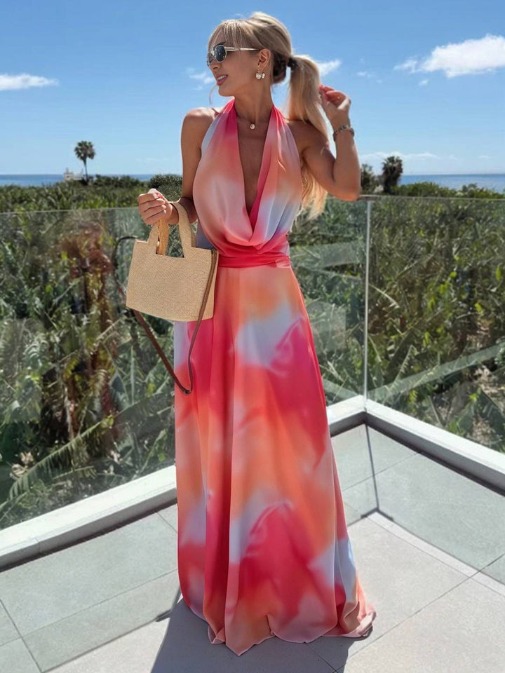 Levoire | Robe Longue Tie And Dye Col Dos Nu Décolleté Profond Sans Manches Décontracté Soirée Plage Style Vacances Rosa