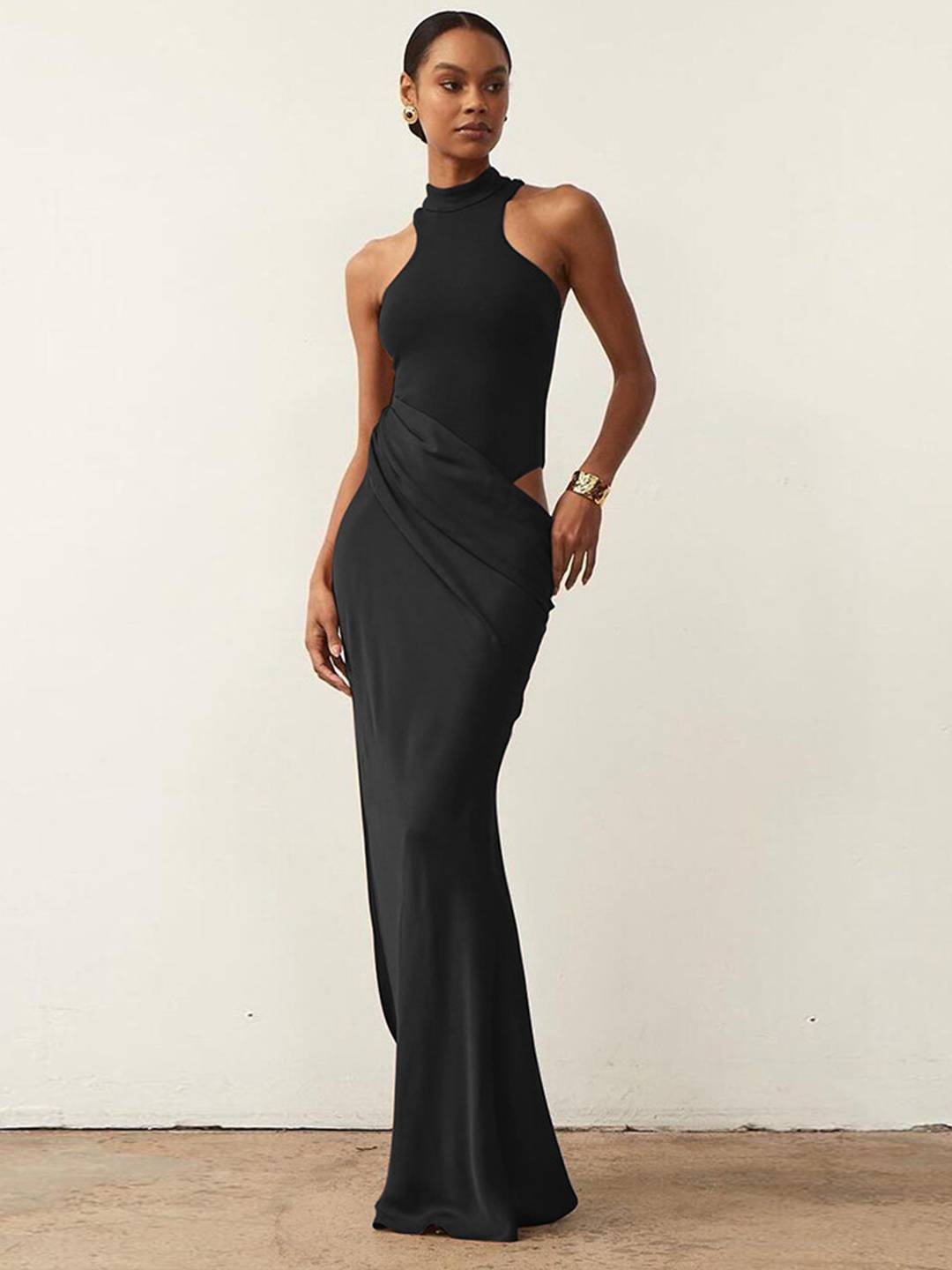 Levoir | Long Jupe Satin Corps Col Rond Épaules Angulées Sans Manches Élégant Robe De Soirée Femme Bal De Fin D'Études Noir