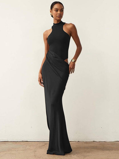 Levoir | Long Jupe Satin Corps Col Rond Épaules Angulées Sans Manches Élégant Robe De Soirée Femme Bal De Fin D'Études Noir