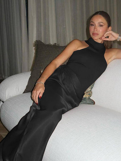 Levoir | Long Jupe Satin Corps Col Rond Épaules Angulées Sans Manches Élégant Robe De Soirée Femme Bal De Fin D'Études