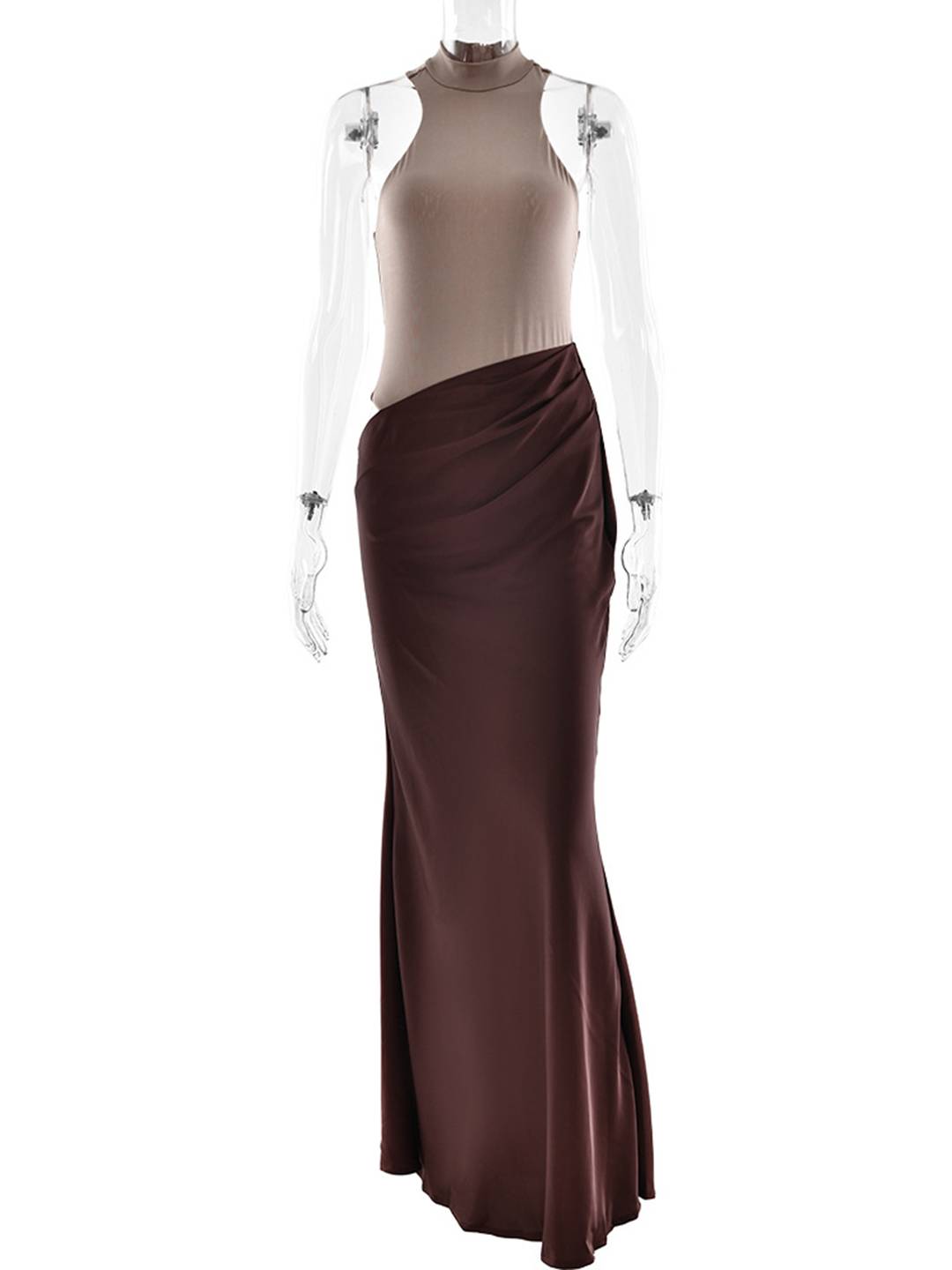 Levoir | Long Jupe Satin Corps Col Rond Épaules Angulées Sans Manches Élégant Robe De Soirée Femme Bal De Fin D'Études