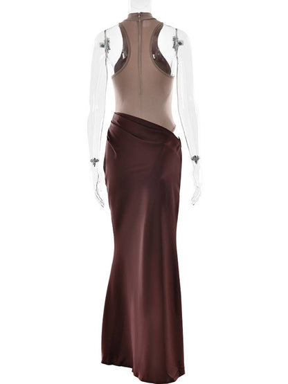 Levoir | Long Jupe Satin Corps Col Rond Épaules Angulées Sans Manches Élégant Robe De Soirée Femme Bal De Fin D'Études