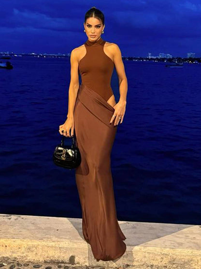 Levoir | Long Jupe Satin Corps Col Rond Épaules Angulées Sans Manches Élégant Robe De Soirée Femme Bal De Fin D'Études