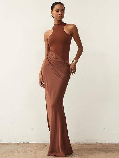 Levoir | Long Jupe Satin Corps Col Rond Épaules Angulées Sans Manches Élégant Robe De Soirée Femme Bal De Fin D'Études