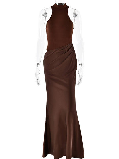 Levoir | Long Jupe Satin Corps Col Rond Épaules Angulées Sans Manches Élégant Robe De Soirée Femme Bal De Fin D'Études