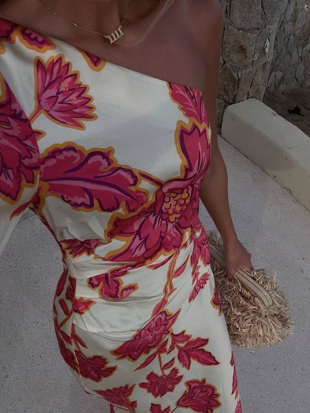 Levoire | Robe Longue En Satin Imprimé Avec Fleur Un Bras Manches Longues Élégante Décontractée Robe D'Été De Plage