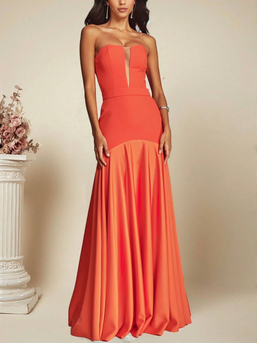 Levoire | Robe Bustier Longue En Satin Sans Manches Coupe Sirène Robe De Soirée Élégante Cérémonie Idéale Pour Une Occasion Particulière Orange