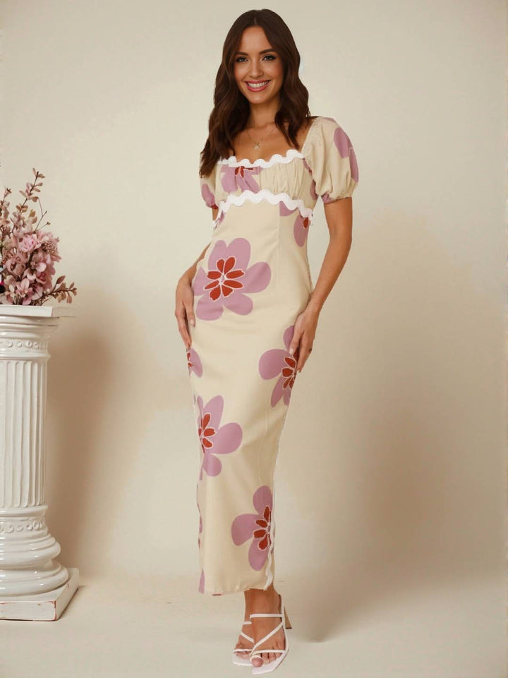 Levoire | Robe Longue Avec Fleurs En Lin Fente Décolleté Carré Manches Courtes Pour Femme Douce Élégante Décontractée Romantique Et Estivale