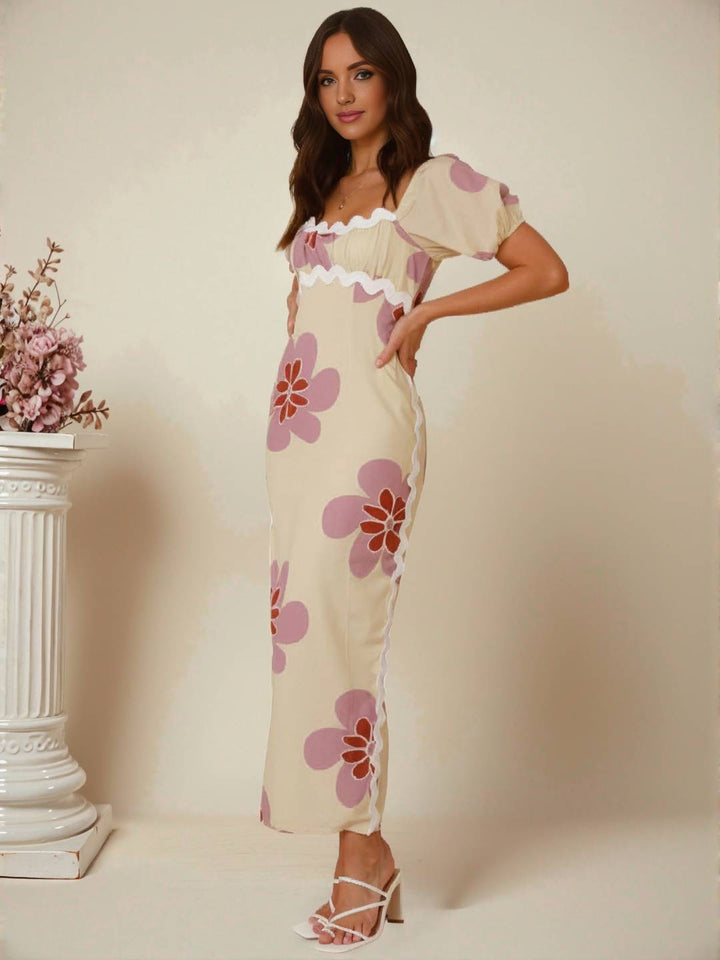 Levoire | Robe Longue Avec Fleurs En Lin Fente Décolleté Carré Manches Courtes Pour Femme Douce Élégante Décontractée Romantique Et Estivale