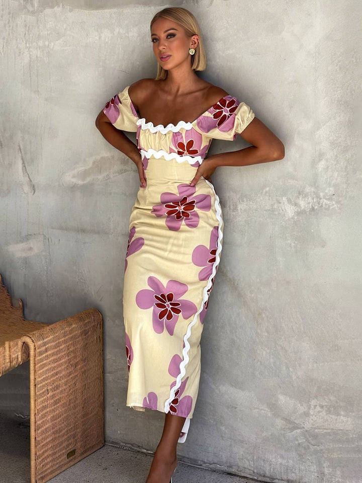 Levoire | Robe Longue Avec Fleurs En Lin Fente Décolleté Carré Manches Courtes Pour Femme Douce Élégante Décontractée Romantique Et Estivale